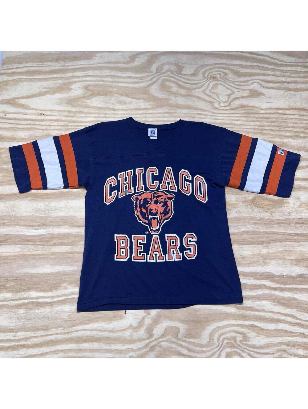 Vintage 90S Logo 7 Chicago Bears Football Striped V-neck Blue Jersey Tee Sz M